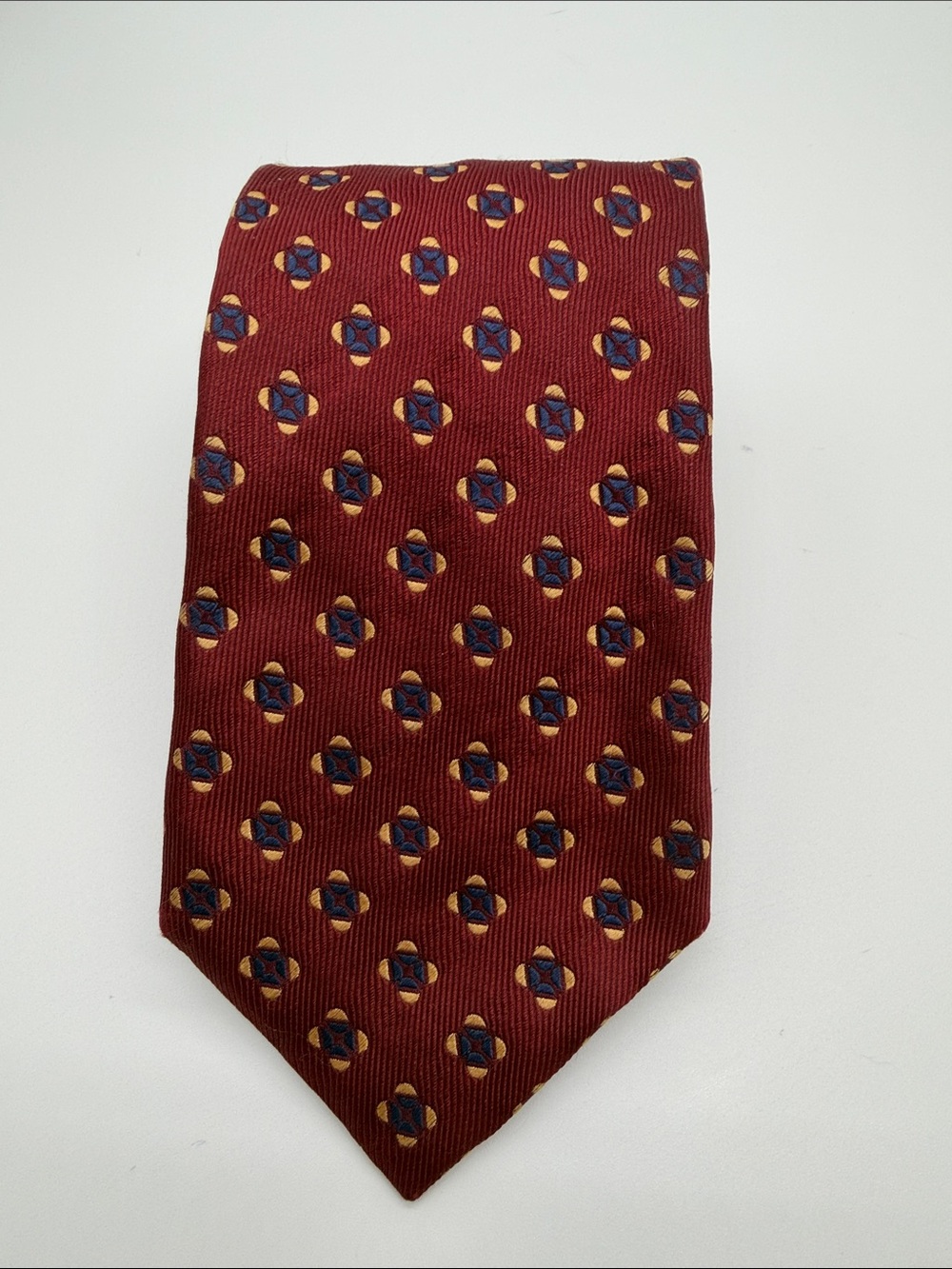 CANALI Mens Geometric Woven Silk Tie Italy Red Navy‎ Dimond 3.25" Wide